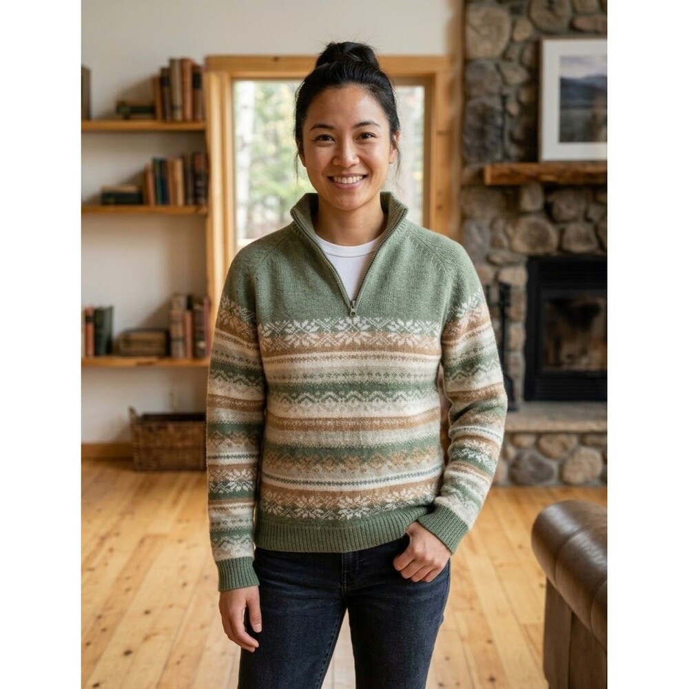 Woolrich Womens S Green Fair Isle Nordic Quarter Zip Sweater Lambs Wool Granola